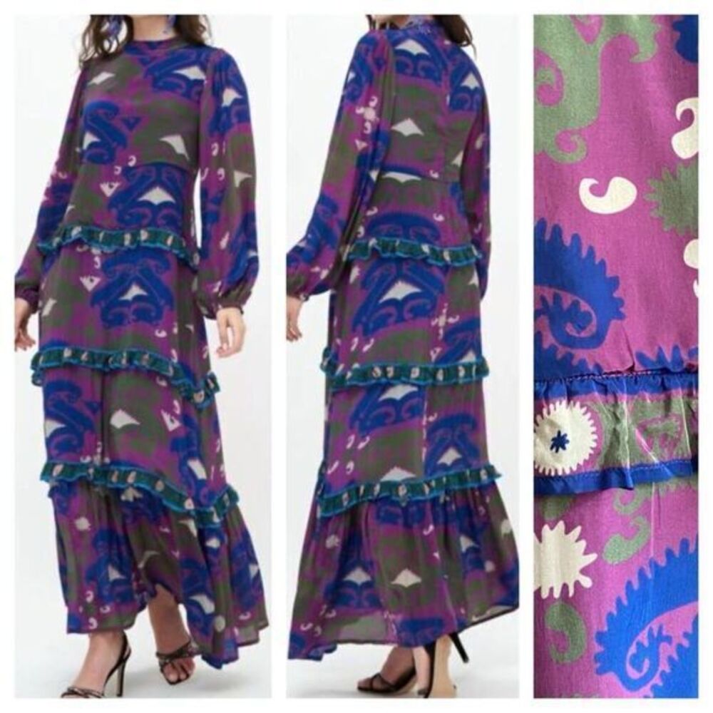 Tuckernuck Oliphant Purple Blue Uzbek Magenta Mock Neck Long Sleeve Maxi Dress